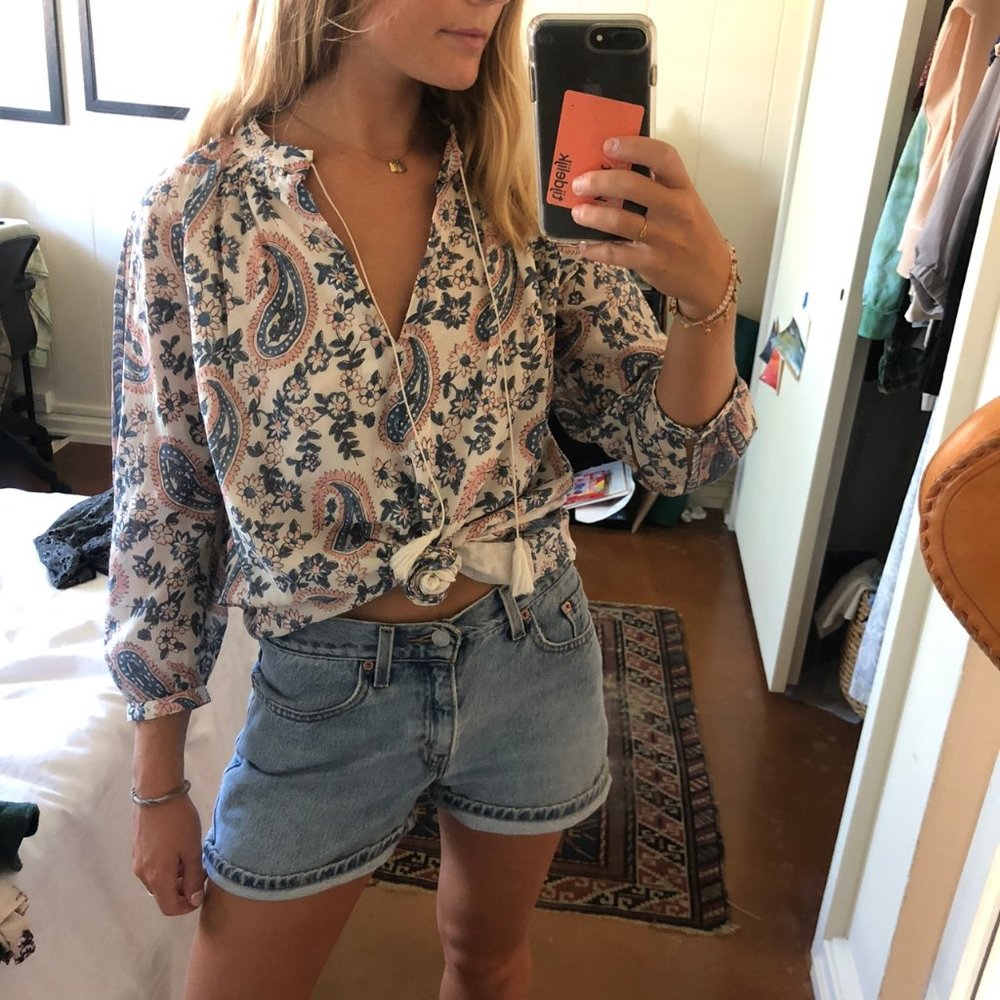 Madewell floral paisley silk tassel tie blouse/top